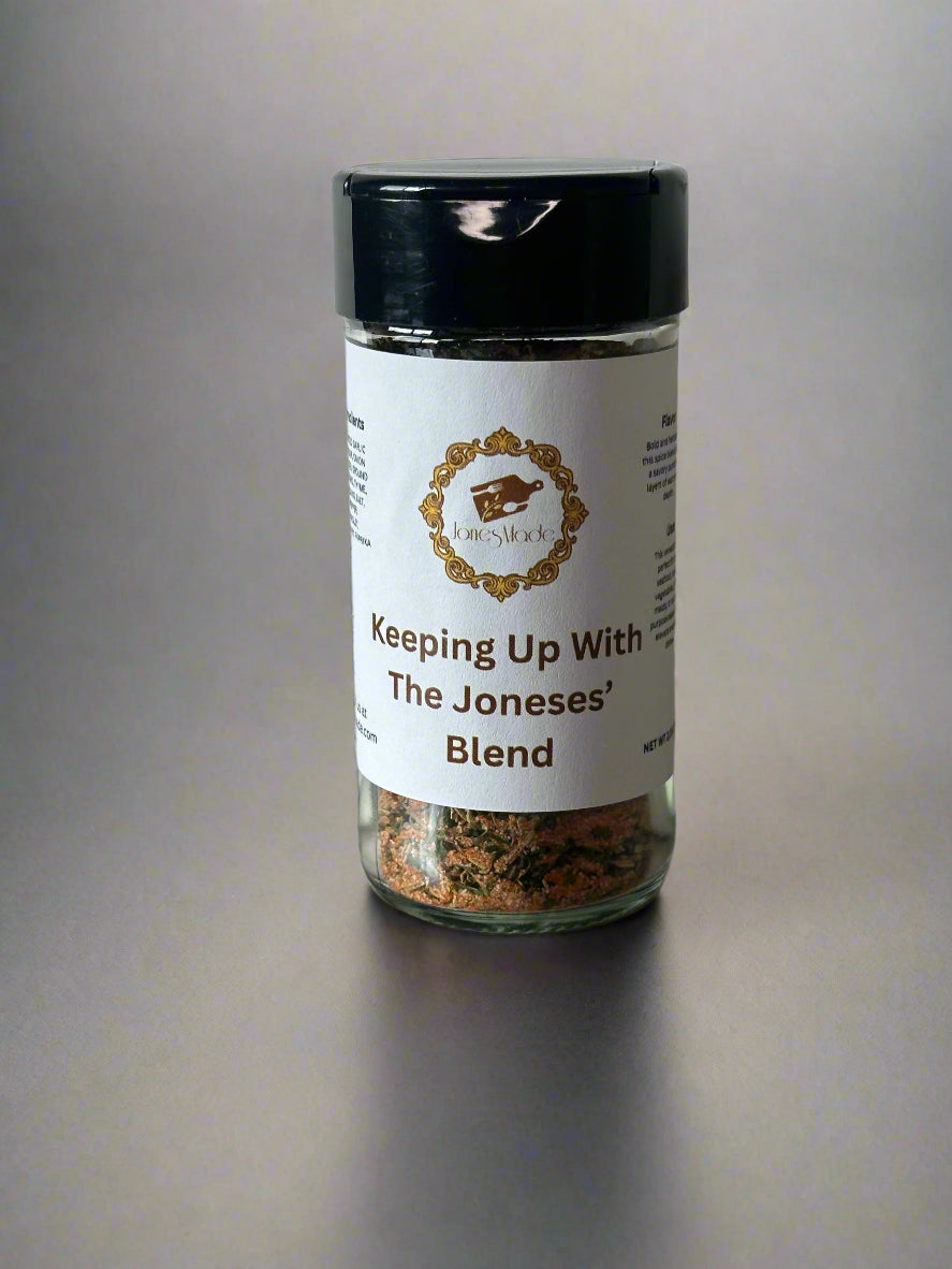A spice blend jar labeled ' Keeping Up With The Joneses' Blend - All Purpose Seasoning' containing a mix of ground herbs and spices.